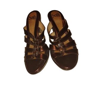 Sofft Patent Leather Open Toe Wedge Strappy Slide Brown With Gold Accent 7.5N